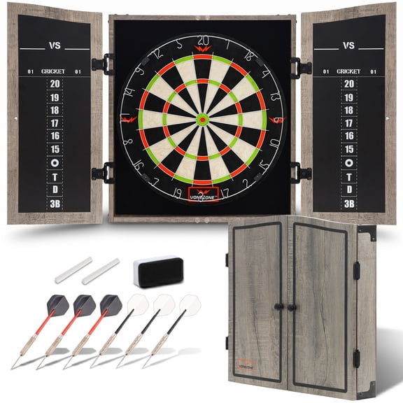 VONEZONE Dartboard Cabinet Set with 18" Bristle Dartboard - Self-Healing Sisal, 6 Steel Tip Darts, Scoreboard & Chalk - All-in-One Game Room Set for Home, Bar, Garage (Gray)