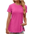 thumbnail image 2 of YHAJDS Women's Short Sleeve Tops Round Neck Split Hem Solid Color Loose Casual Tee, 2 of 4