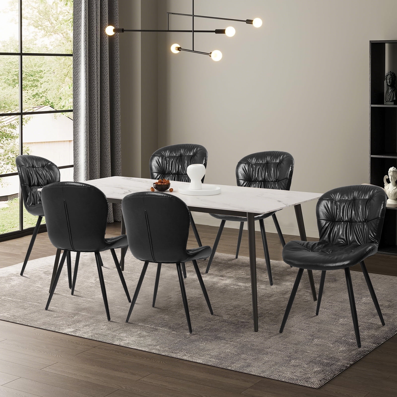 Set of 2 Black Ergonomic Chairs, Polyurethane Faux Leather with Rubberwood Frame, Thick Foam Cushion, Metal Legs, Scratch & Stain Resistant, 300 lbs Capacity