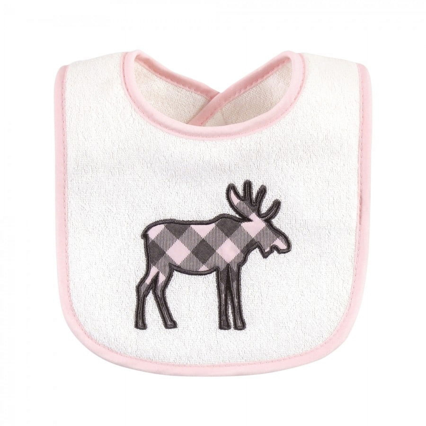 Hudson Baby Infant Girl Cotton Terry Drooler Bibs with Fiber Filling, Girl Moose Bear, One Size