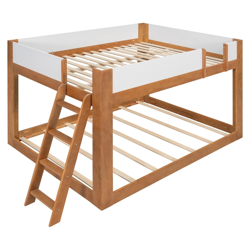 Queen-Over-Queen Low-Profile Bunk Bed with Guardrails, Wooden Kids Bed with Reversible Ladder, Accent Two-Tone Bed Frame