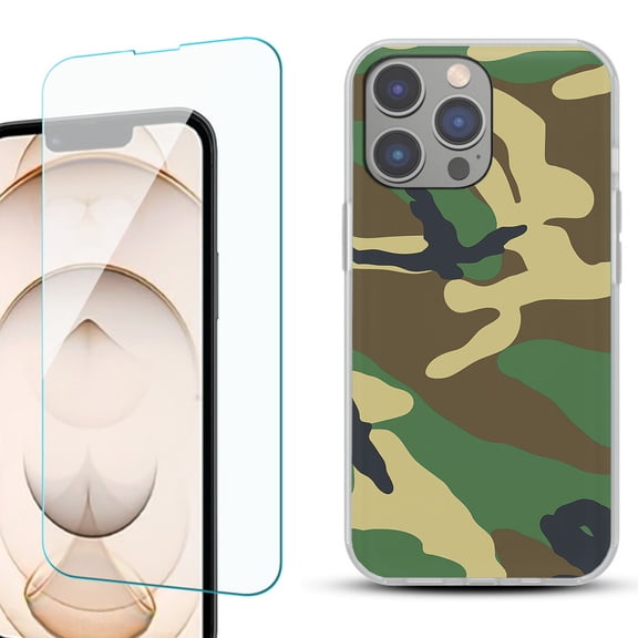 OneToughShield ® for iPhone 15 Pro Shockproof Phone Case, with Tempered Glass Screen Protector - Camo Green