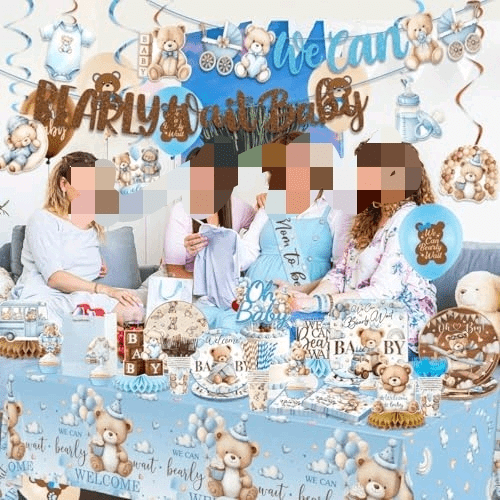 Blue Bear Baby Shower Decorations for Boy We Can Bearly Wait Baby Shower Plates and Napkins Tablecloth Banner Toppers Bracelets Sash Honeycombs Balloons for Boy Baby Shower Party Supplies Serve 26