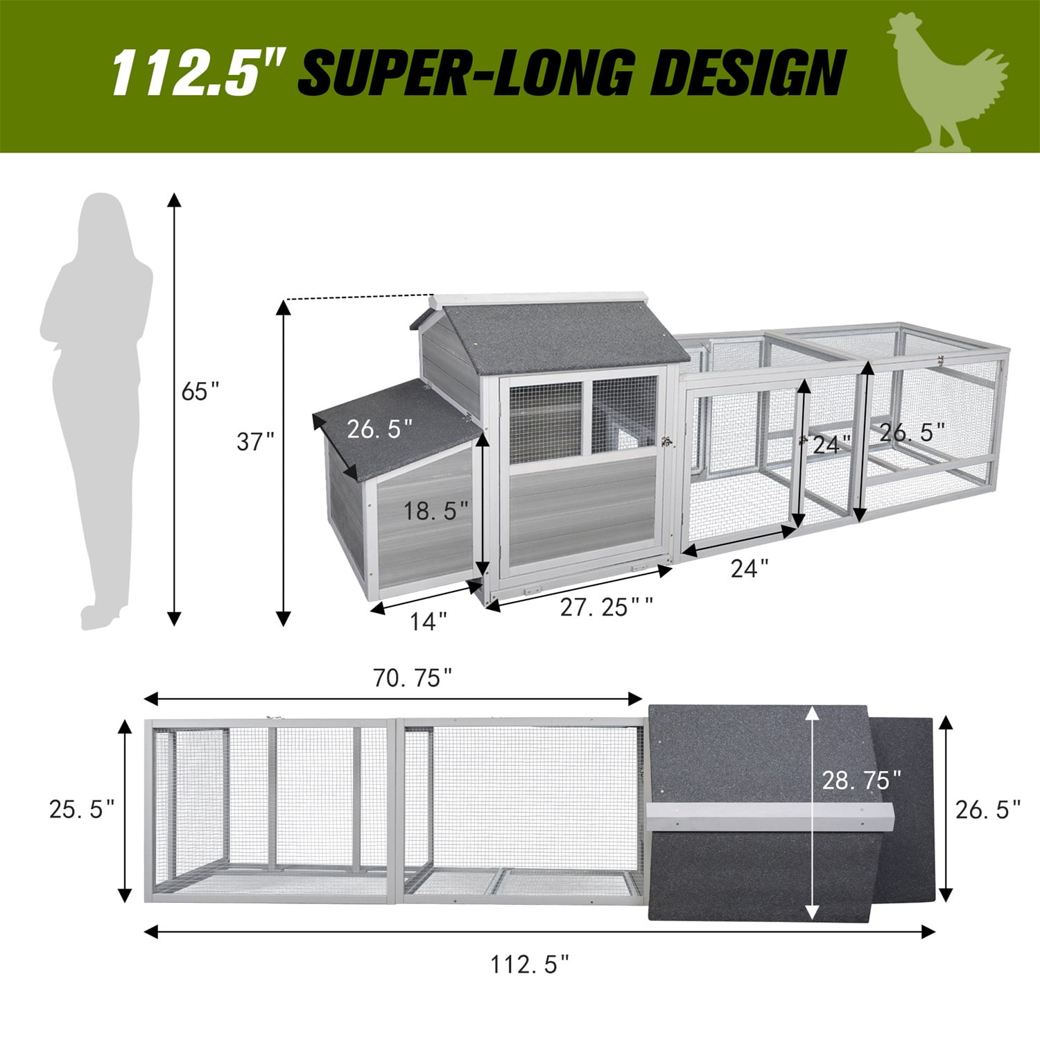 Pefilos 112" Large Wooden Chicken Coop Hen Cage with Chicken Nesting Box Outdoor Bunny Rabbit Hutch Hen, Gray Pefilos 112" Large Wooden Chicken Coop Hen Cage with Chicken Nesting Box Outdoor Bunny Rabbit Hutch Hen, Gray