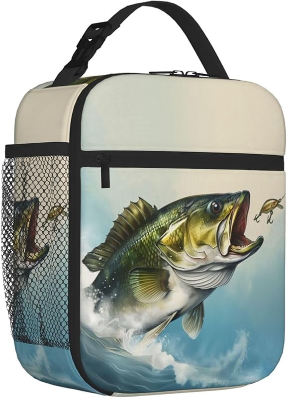Bass Fish Lunch Box Bass Fish Jumps out of Water Lunch Bag Insulated Reusable Portable Fishing Lunch Tote Cooler Bag for Women Men Teens, Office Work Travel Lunchbox