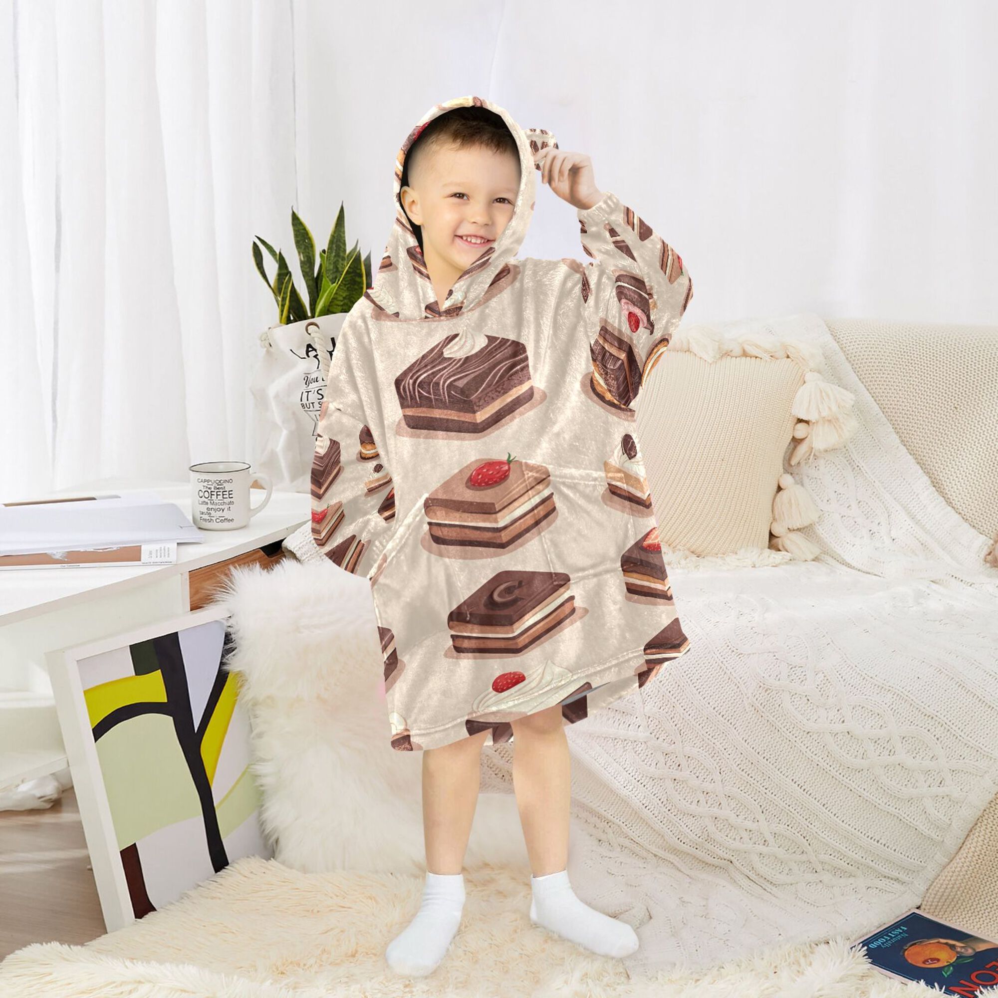 FORMRS Wearable Blanket Hoodie with Sleeves for Kids Cozy Flannel Sweatshirt, Pink Cakes