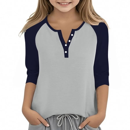 longantii Girls 3/4 Sleeve Tops Henley Shirts Solid Color T-Shirts Summer V-Neck Button Blouses for Girls 10-11 Years Green