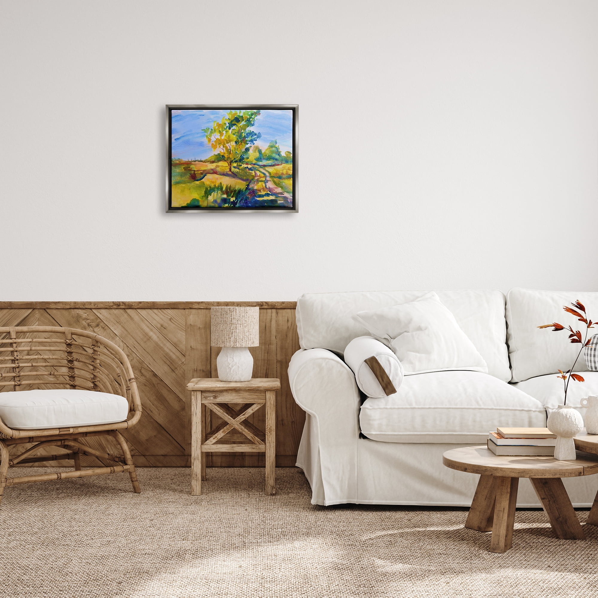 Stupell Industries Tree & Path Landscape Nature Painting Gray Floater Framed Art Print Wall Art, 21 x 17