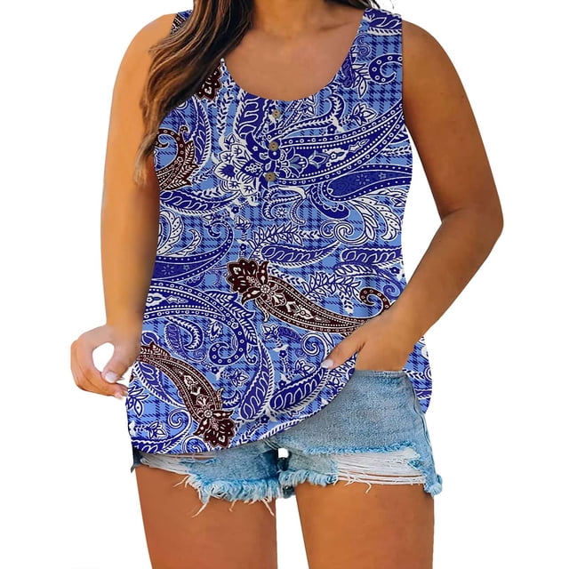 Verano camisetas sin mangas para las mujeres Verano Mujer sin mangas Floral impreso botón de talla grande camisetas sin mangas suelta cuello redondo chaleco camisetas túnicas camiseta (Blue, XL)