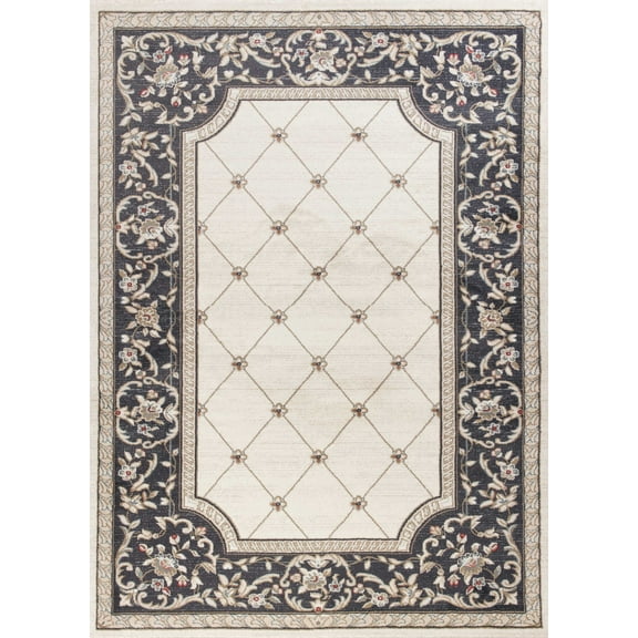 9'x12' Ivory Grey Bordered Floral Indoor Area Rug