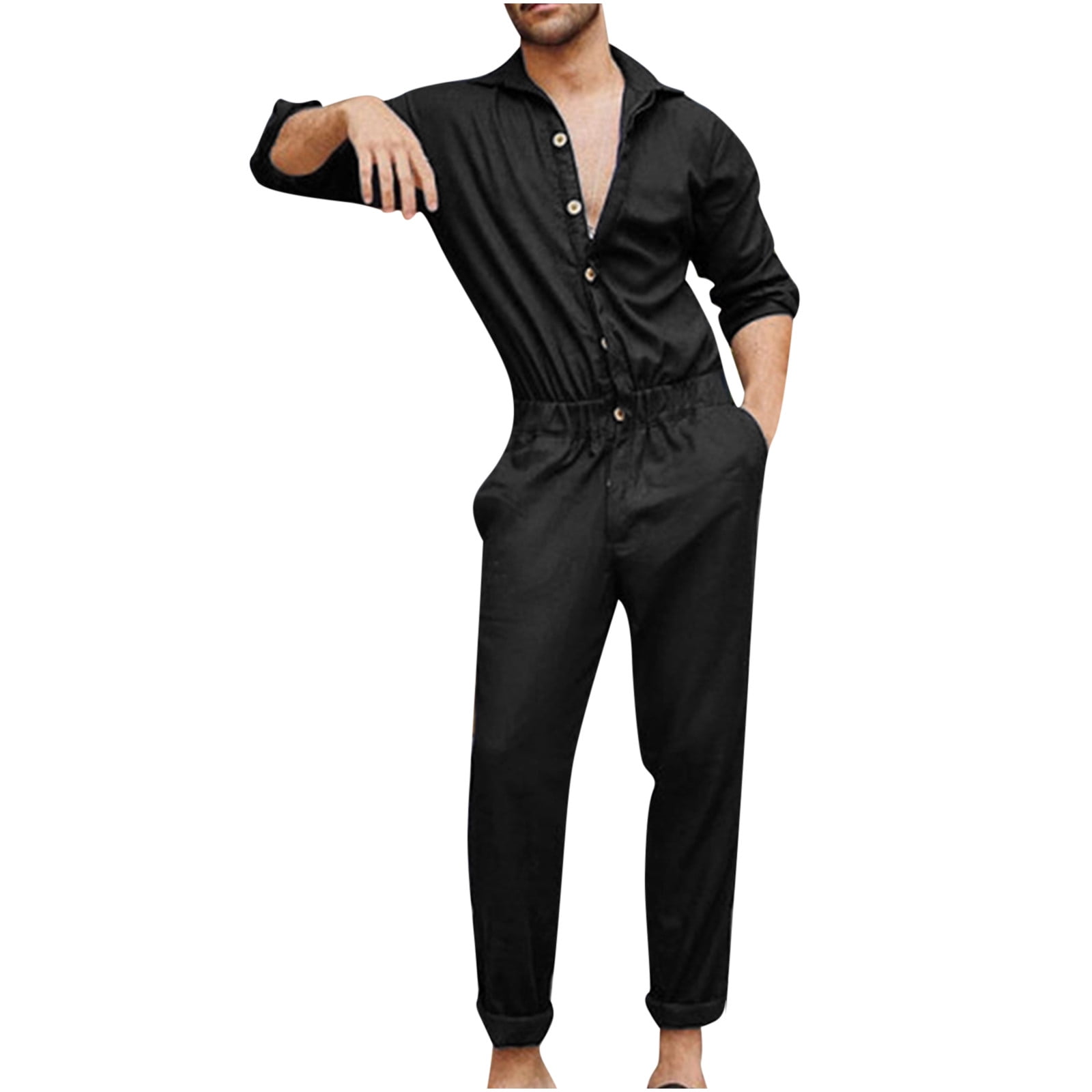 SOOMLON Men's Work Uniform Coveralls Loose One Piece Streetwear Overalls  Jumpsuit Festival Pants Cargo Pants Button Long Sleeve Lapel Jumpsuit Black  XXL 