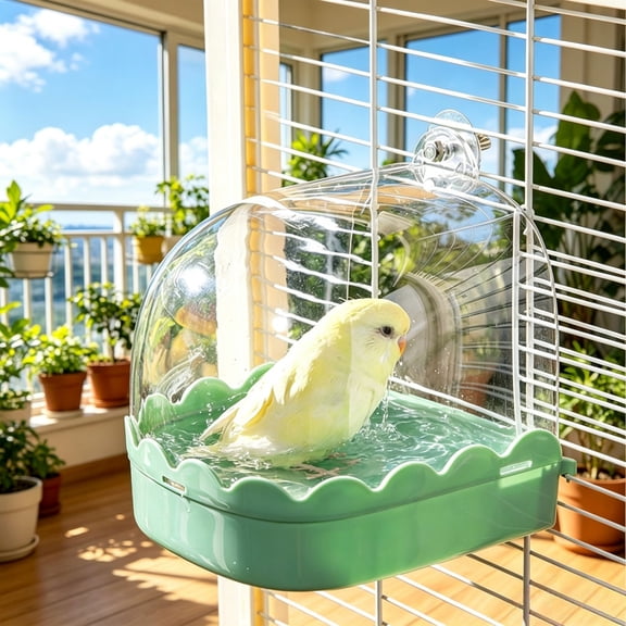 Green Hanging Bird Bath for Cage, Transparent Parrot Bathing Box with Spatter Guard, Small Bird Wash Tub for Cockatiel and Budgie, 5.3x5.1x5.5in