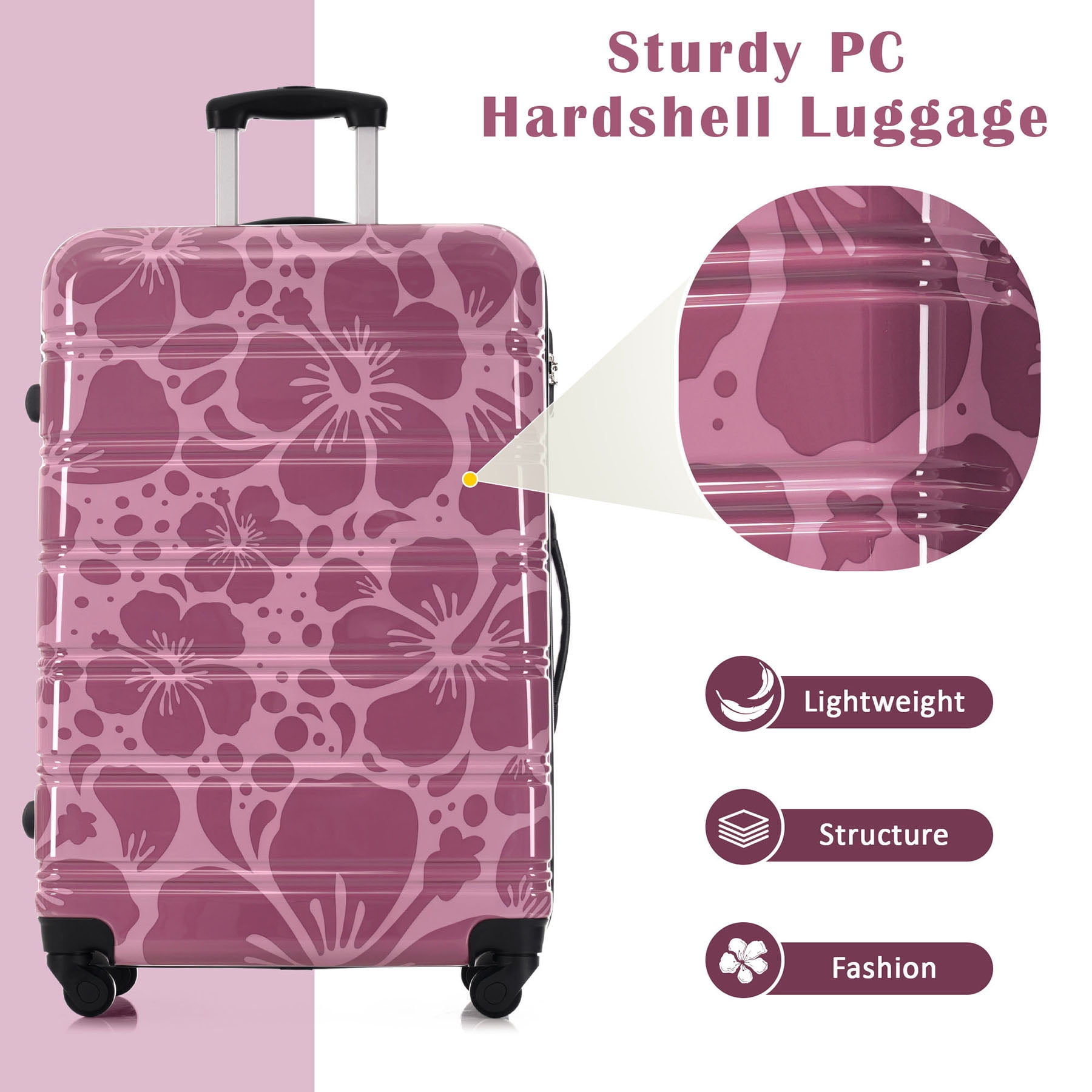 S-HOME Three Piece Lightweight Hardshell Luggage Set with Side Mounted TSA Lock and Rolling Wheels 20" 24" 28", Pink Purple