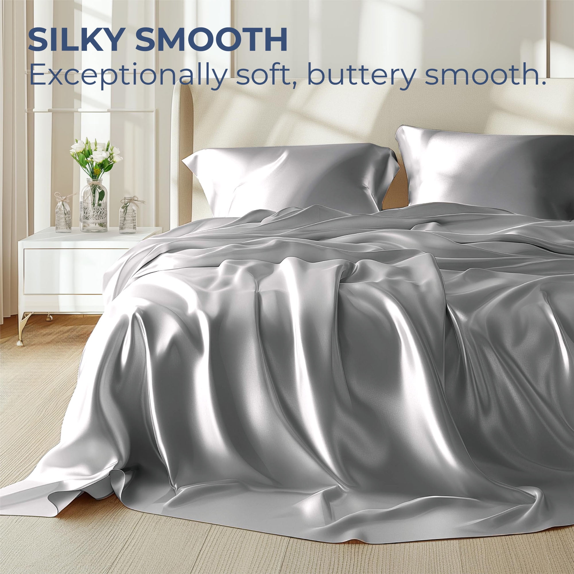 Seasonwood Microfiber Satin Grey Sheets Queen Size Luxury Silk 4-Piece Bed Sheets