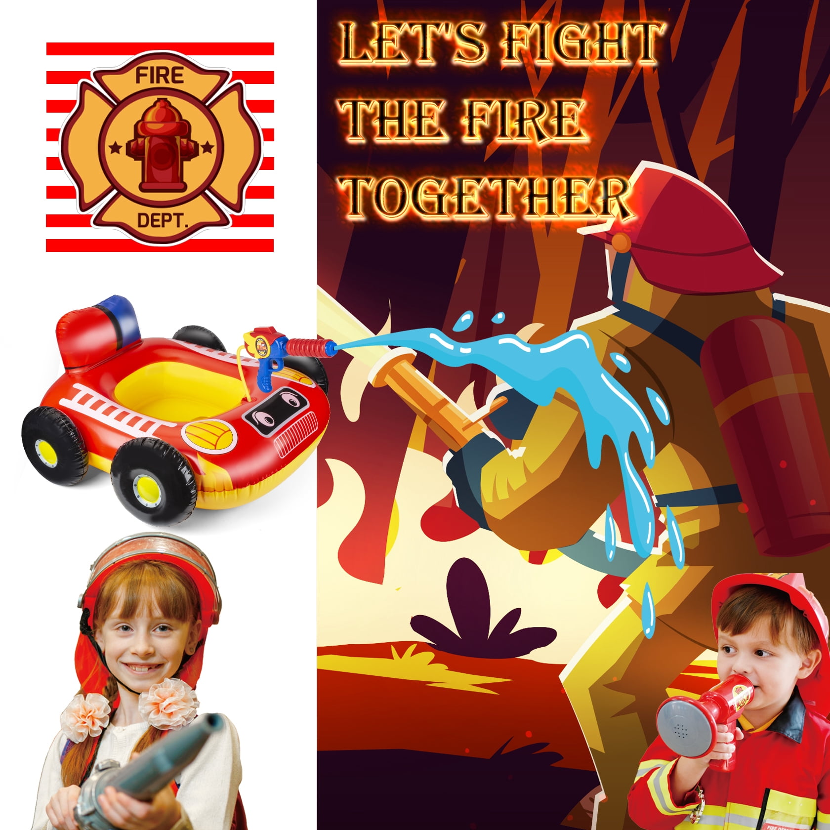 10Leccion Inflatable Kids Pool Floats with Water Gun, Fire Truck Pool Toys for Toddlers, Red