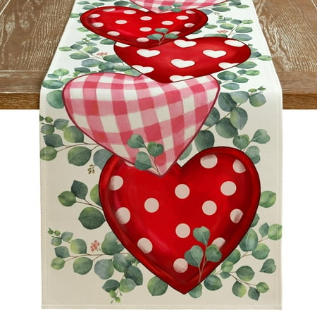 

ARKENY Mothers Day Table Runner 13x48 Inches Heart Leaves Flower Seasonal Farmhouse Burlap Indoor Kitchen Anniversary Wedding Dining Valentines Table Decorations for Home Party AT514-48 C49