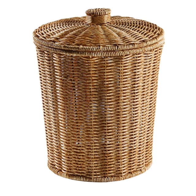 Cestas de almacenamiento tejidas de plástico con tapa, cesta redonda de mimbre para papel de desecho, papelera (9,2 x 11 pulgadas, marrón claro)