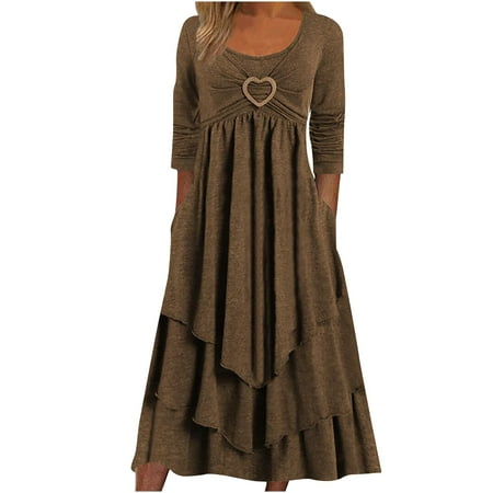 Efsteb Fall Dresses for Women Solid Color Fashion 3/4 Sleeve Dress Crewneck Three Quarter Sleeve Backless Lace Patchwork Evening Long Dress Loose Casual Dresses Brown M