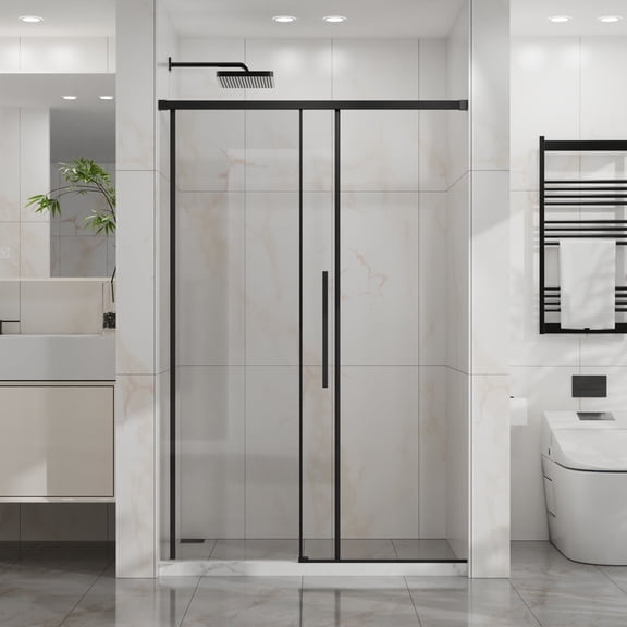 Goodyo Semi-frameless Shower Door, 44-48" W x 72" H Silent Sliding Glass Door Easy-clean Tempered Glass , Heavy-Duty 304 Stainless Steel, Matte Black