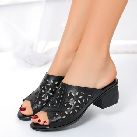 

〖Yilirongyumm〗 Black 37 Sandals Women Ladies Fashion Solid Color Summer Hollow Retro Thick High Heel Fish Mouth Sandals