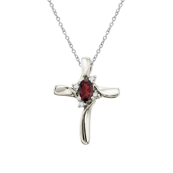 14K White Gold Garnet and Diamond Cross Pendant with 18" Chain