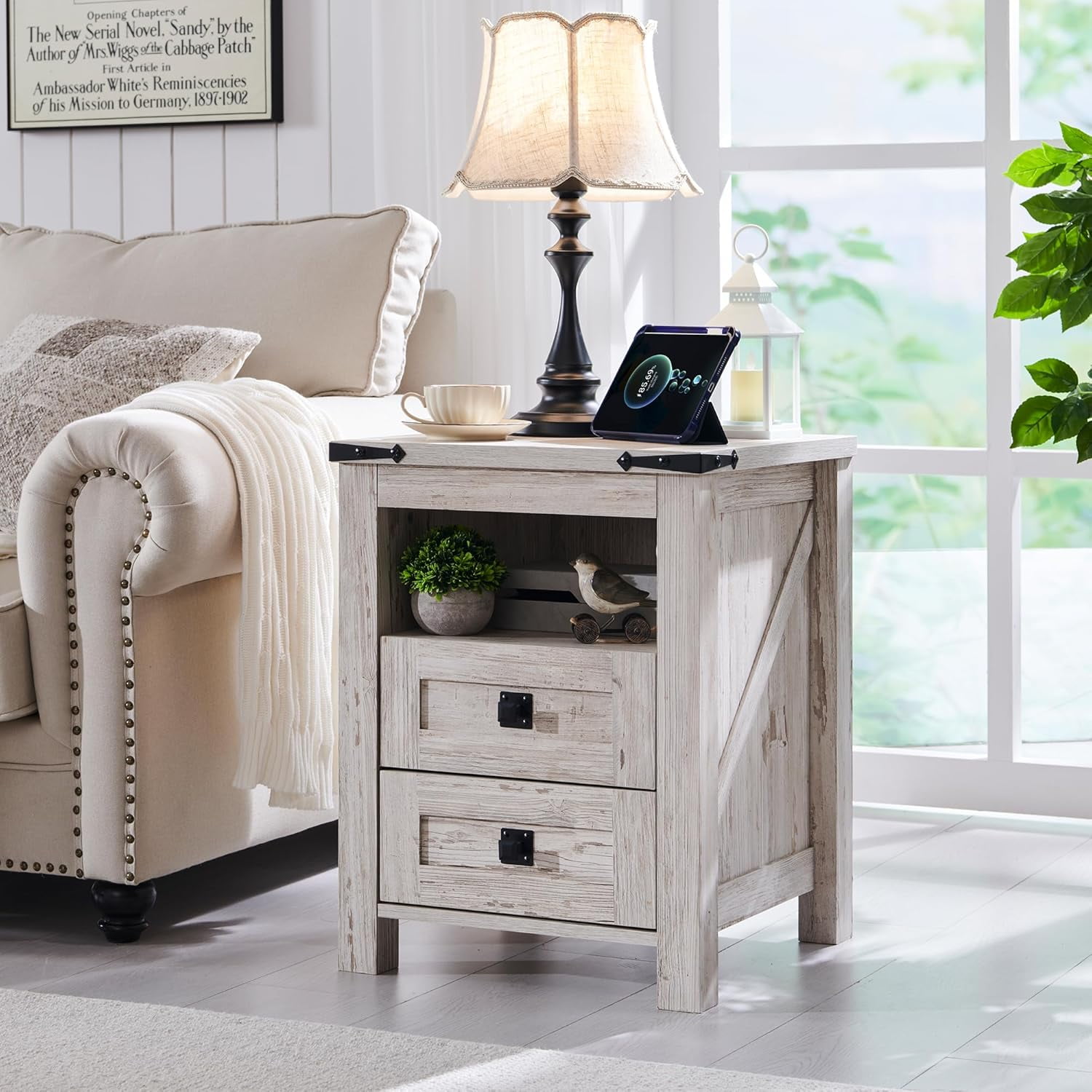 OKD Farmhouse Nightstand with Charging Station for Bedroom, 2-Drawer Rustic End Tables for Living Room, Antique Brush White