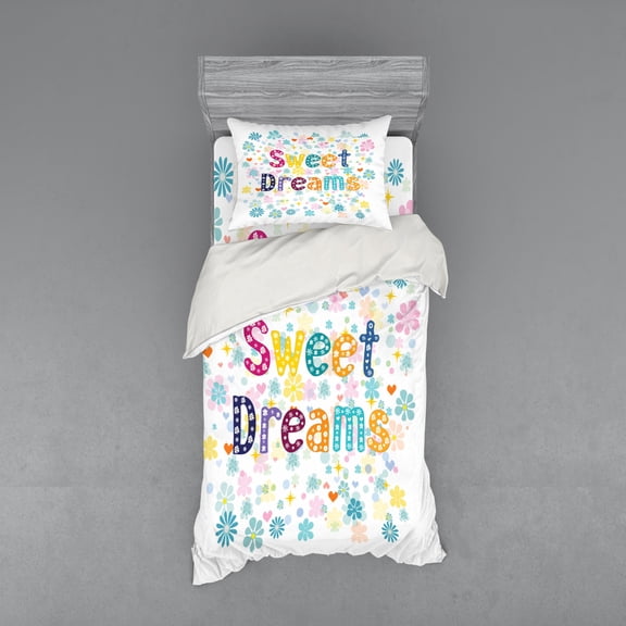 Saying Duvet Cover Set, Colorful Letters with Little Flowers on a Blossoming Background Slumber Party, Bedding Set with Shams and Fitted Sheet, 3 Sizes, by Ambesonne