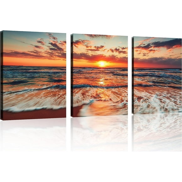 3 Pcs Picture of The Beach Ocean Pictures Blue Sea Beach at Sunrise Picture Print on Canvas Beach Wall Decor Ocean Wall Art Beach Canvas Wall Art Stretched and Framed 12" x 16" x 3 Pcs
