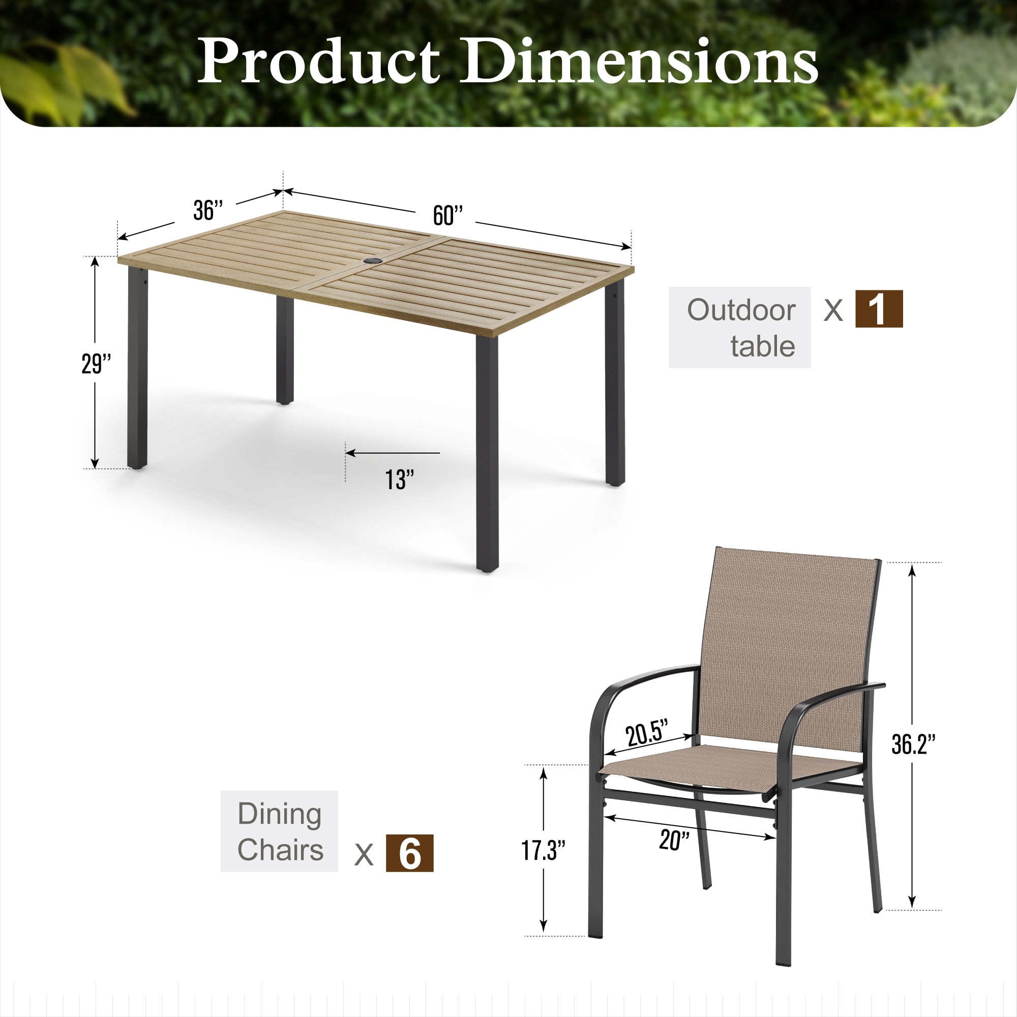 Sophia & William 7 Piece Outdoor Patio Dining Set 60" Teak Dining Table and 6 Brown Textilene Chairs