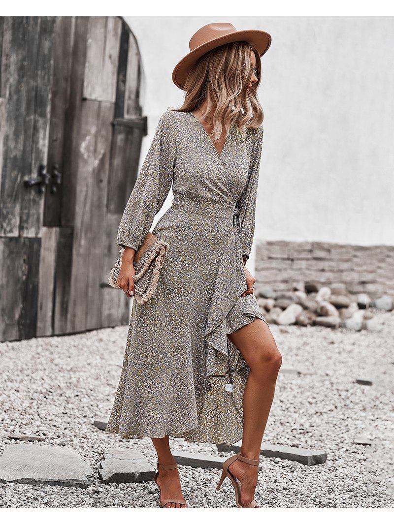 bishop sleeve midi dress Floral Print Surplice Neck Bishop Sleeve Wrap Style Midi Dress