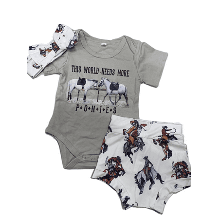 

aturustex 0-24 Months Baby Girls Summer Romper Outfit Horse Print Short Sleeve Jumpsuit and Elastic Shorts Headband Set 3Pcs