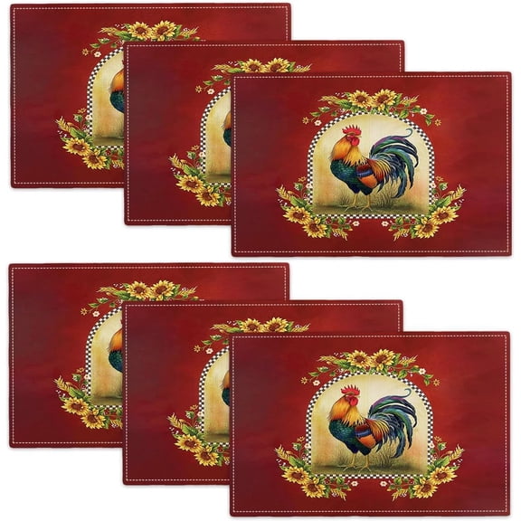 Rooster Sunflower Placemats Set of 6, Farmhouse Country Farm Chicken Animal Red Double-Sided Table Mats for Kitchen Dining Room Home Party Indoor Decor 6 PCS 12x18 Inch