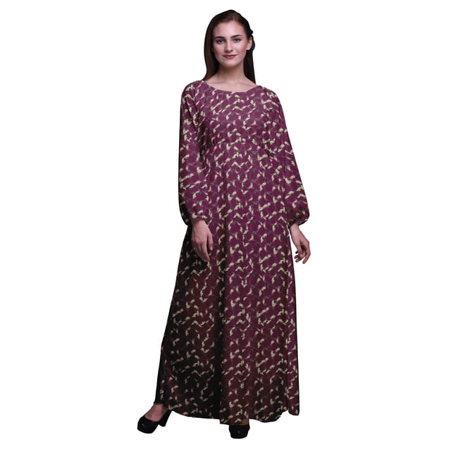 Bimba Robe Maxi en Georgette Mousse à Imprimé Floral Roses et Renoncules pour Femmes à Manches Longues, Taille Élastique - Grande
