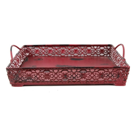 Vintage Antique Design Decorative Metal Serving Tray with 2 Handles (Burgundy)