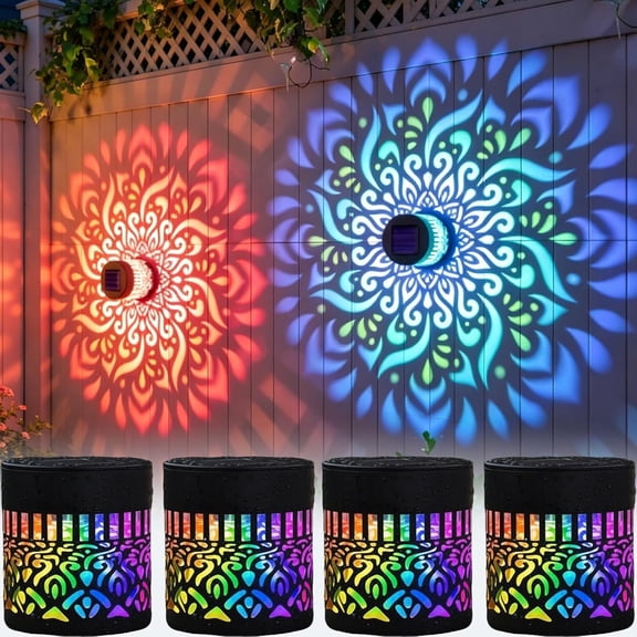 4pcs Solar Mandala Lights Outdoor Wall, Seven-Color Changing Solar Mandala Projector Light, Outdoor Waterproof Metal Fence Lights for Garden Post Patio Backyard Yard Decor