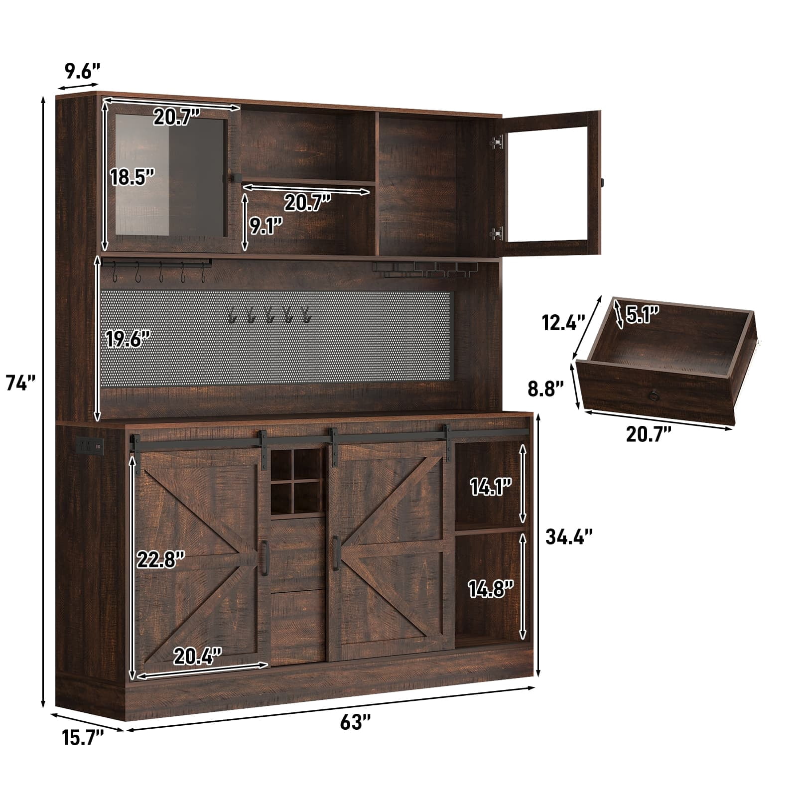 74" Farmhouse Kitchen Pantry Storage Cabinet with LED Light & Charging Station, 63" W Coffee Bar Cabinet Kitchen Cupboard with Hutch and Sliding Barn Doors, Pegboard