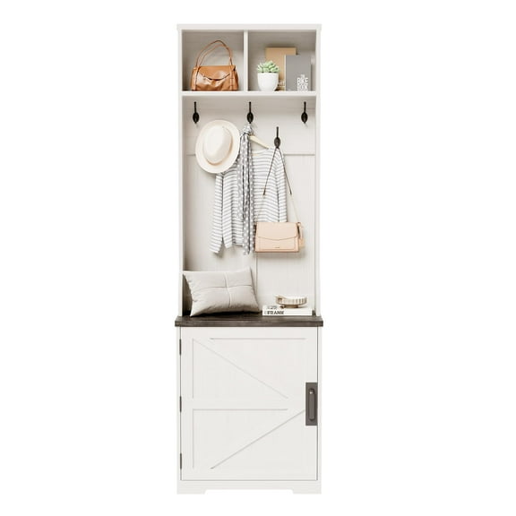 Farmhouse Narrow Coat Rack with Shoe Storage, 23.6" Small Entryway Bench Coat Rack with 5 Hooks, 2 Cubbies & 1 Barn Door for Entryway, Hallway, Living Room, Mudroom, White/Brown