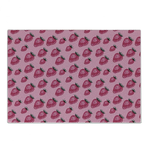 Fruit Cutting Board, Pop Art Style Strawberry Pattern Vibrant Toned Retro Fresh Fashion Graphic, Decorative Tempered Glass Cutting and Serving Board, Small Size, Pale Pink Magenta, by Ambesonne