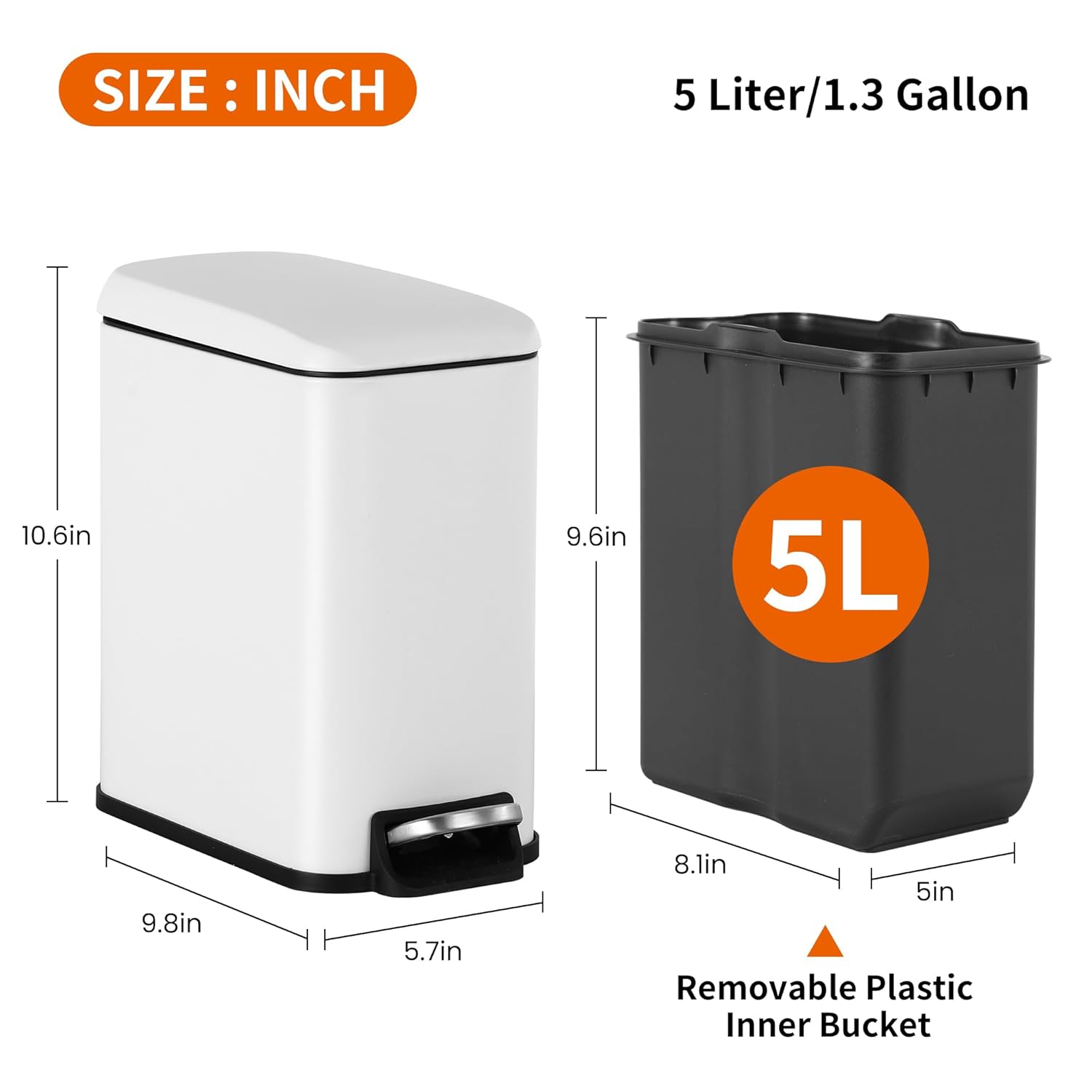 BIQWBIC 10L/2.6 Gallon Stainless Steel Bathroom Trash Can with Lid – Foot-Operated Garbage Bin with Removable Bucket, 2-Pack, Whihte – Perfect for Office & Bedroom