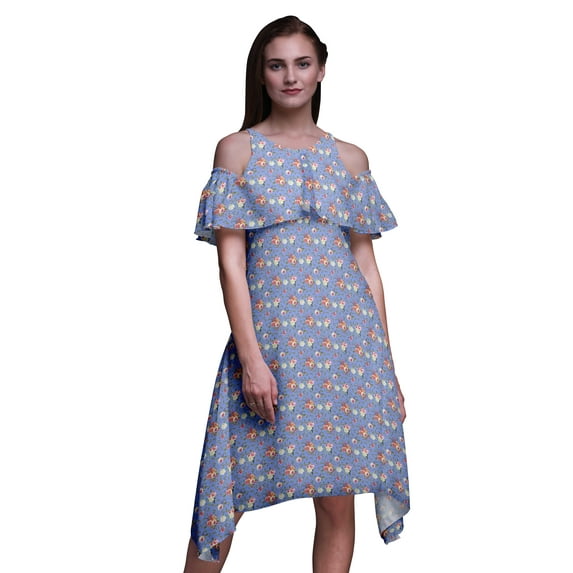 Bimba Floral Print Flutter Sleeve Women’s Party Tunic Cold Shoulder Midi Dress-Small