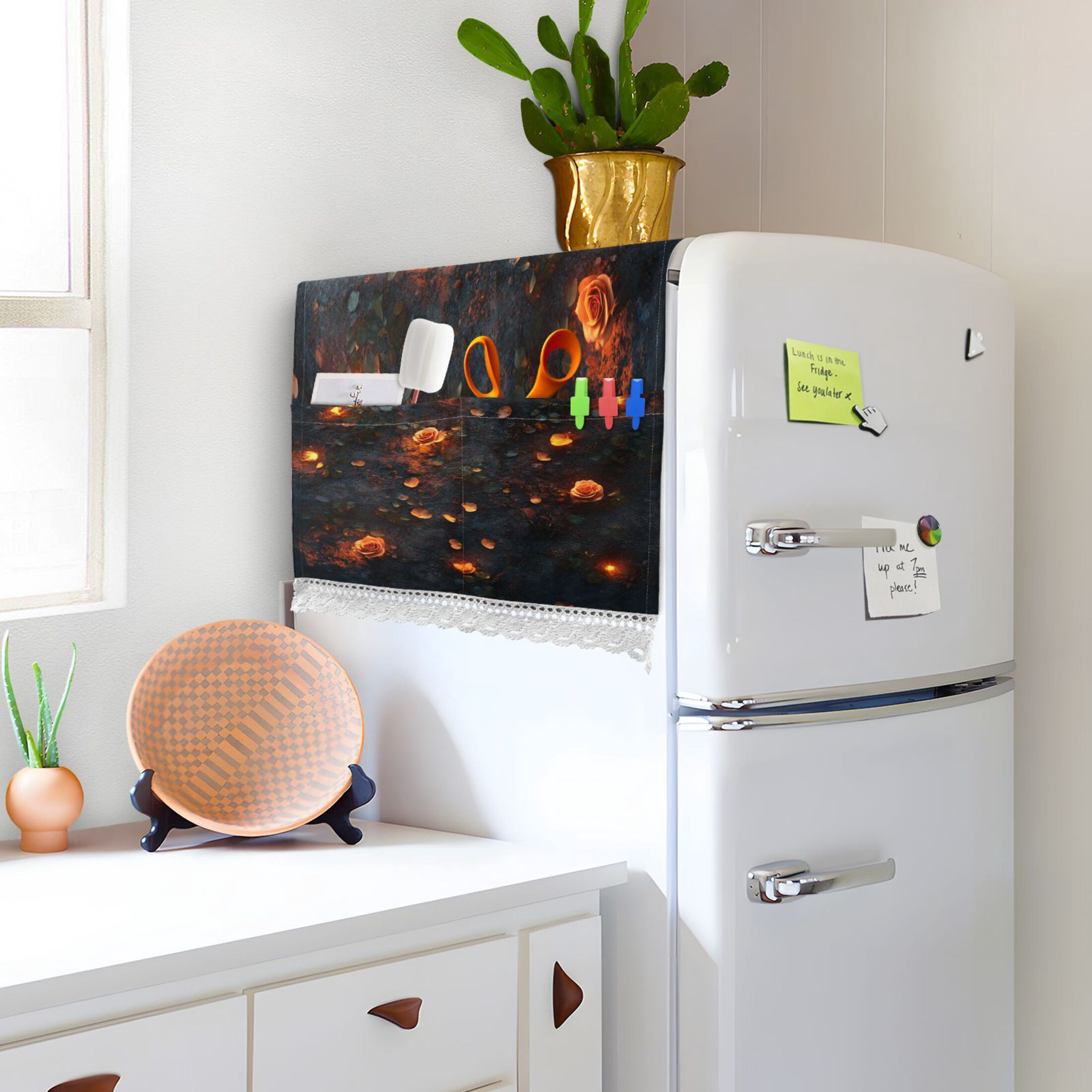 Glowing RosesWasher and Dryer Covers Dust-Proof and Oil Resistant Fridge Cover with 4 Storage Pockets Washing Machine Top Cover for Laundry Kitchen Home 51.2 x 22 In