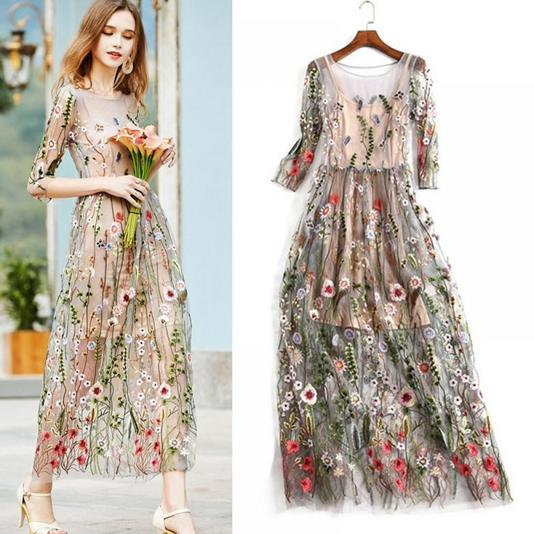 Floral mesh embroidered dress hot sale