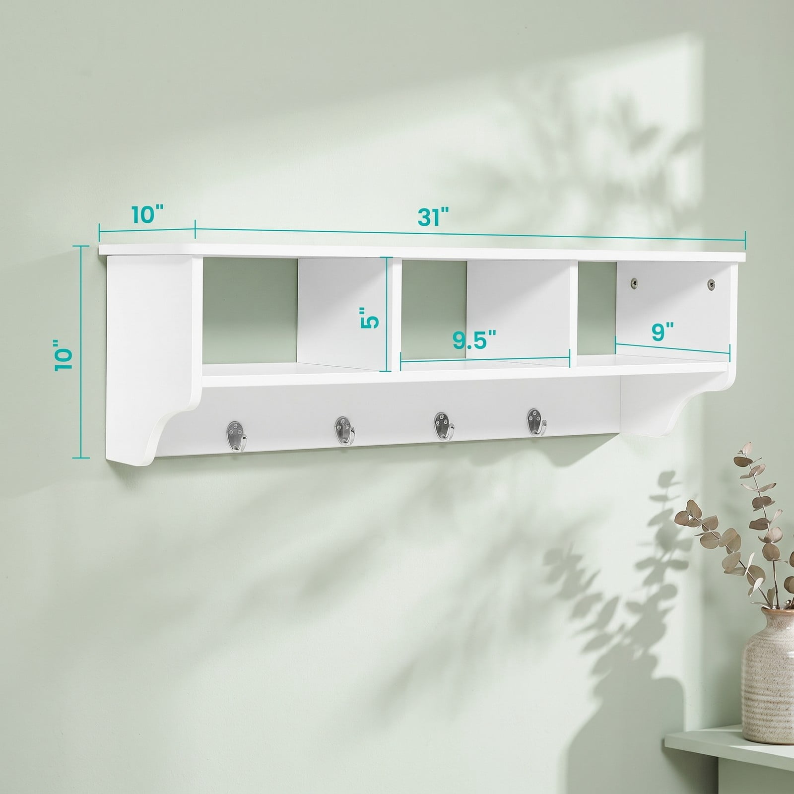 Furnibear Wall Mounted Coat and Hat Rack with Cubby Storage Shelf and 4 Hooks for Entryway Living Room and Bathroom, White