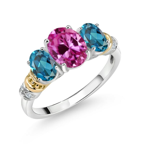 Gem Stone King 925 Silver and 10K Yellow Gold Oval Pink Created Sapphire London Blue Topaz and Diamond 3 Stone Ring for Women (2.88 Cttw, Gemstone September Birthstone, Size 8)