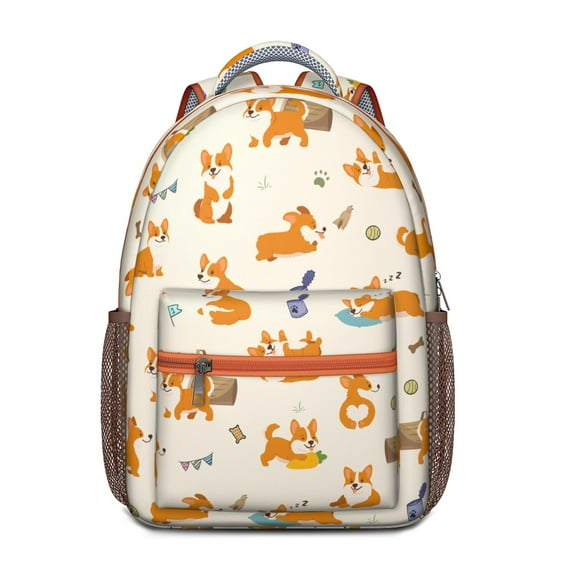 Cute Dog Print Backpack – Puppy Pattern Schoolbag with Tail, Bone, and Floral Design