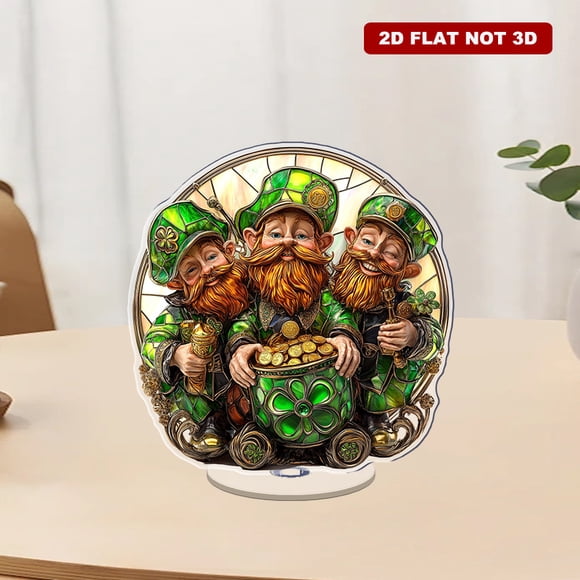 Rotating acrylic ornament featuring three leprechauns with pots of gold vivid green details and glowing coin textures in a stunning stained glass effect