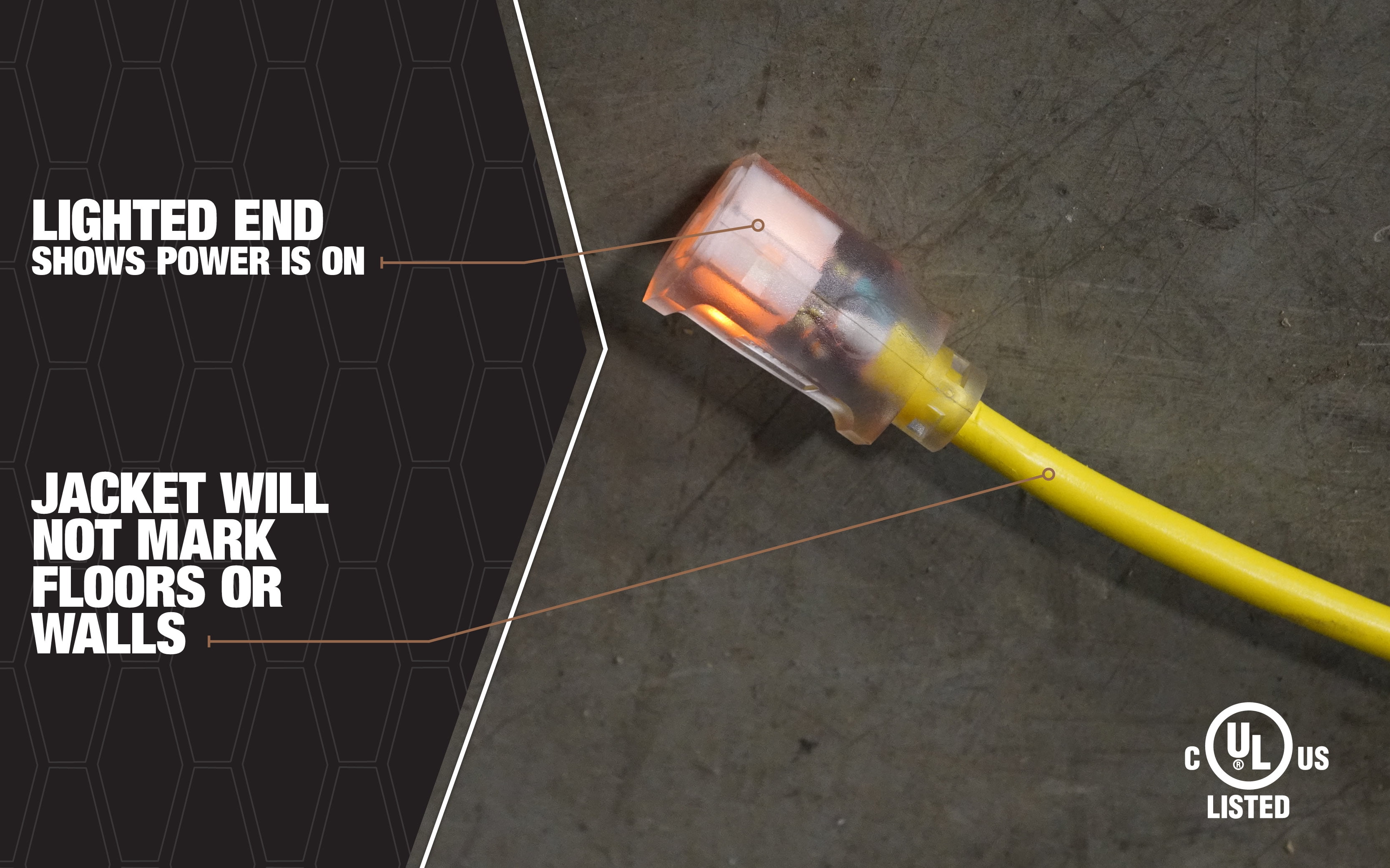 Woods 982554 12/3 50' Yellow SJTW High Visibility Extension Cord with Lighted Ends