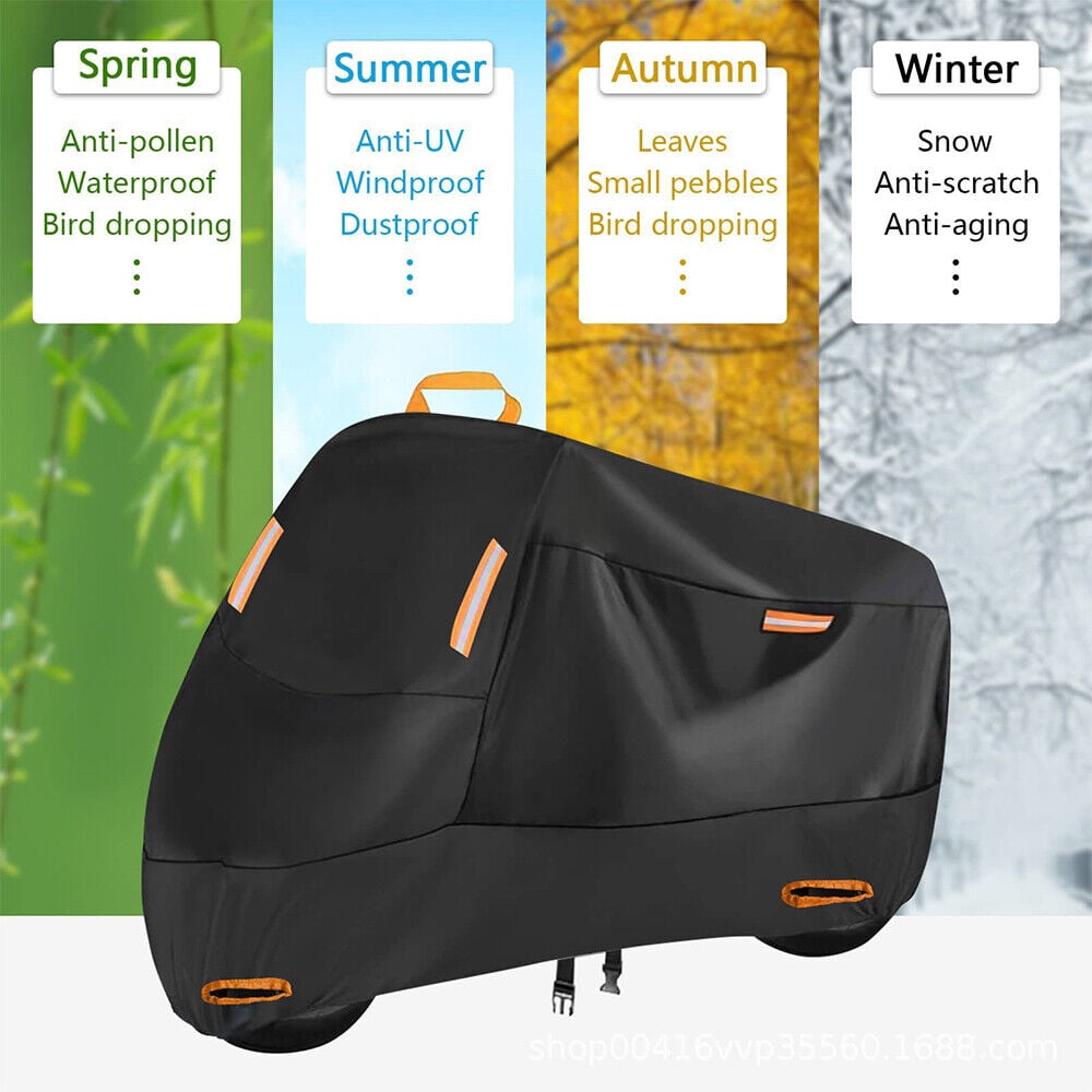 Motorcycle Cover (Four Seasons) Waterproof and Sun Protection Outdoor Night Reflective with Keyhole and Storage Pocket, (XXL: 90" x 35" x 50")