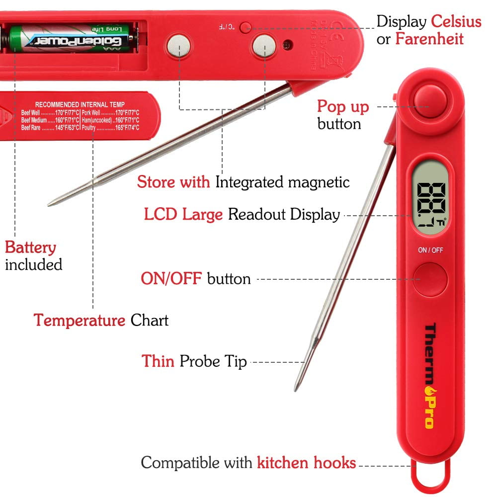 Thermopro Tp03b Digital Instant Read Meat Thermometer Kitchen Cooking Food  Candy Thermometer For Oil Deep Fry Bbq Grill Smoker Thermometer In Red :  Target