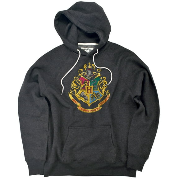 Harry Potter Hogwarts School Crest Unisex Adult Slim Fit Pull-Over Heather Hoodie, Charcoal, Small